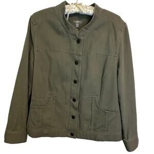 J. Jill Denim Button Front Jacket Band Collar Green Size Med Petite 100% Cotton